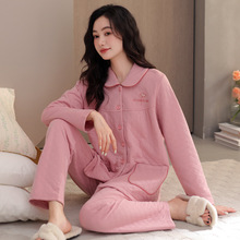 睡衣女士春秋款加厚纯棉空气棉夹层秋冬款中年妈妈冬季夹棉家居服