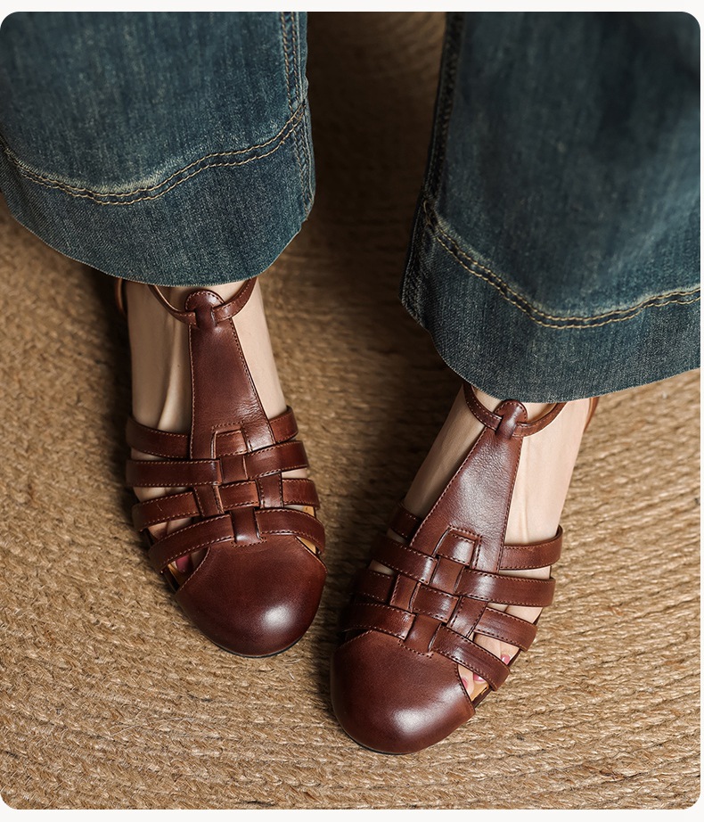 Sandal nữ mũi nhọn da bò quai chữ T gót thấp phong cách La Mã — nâu chi tiết 10