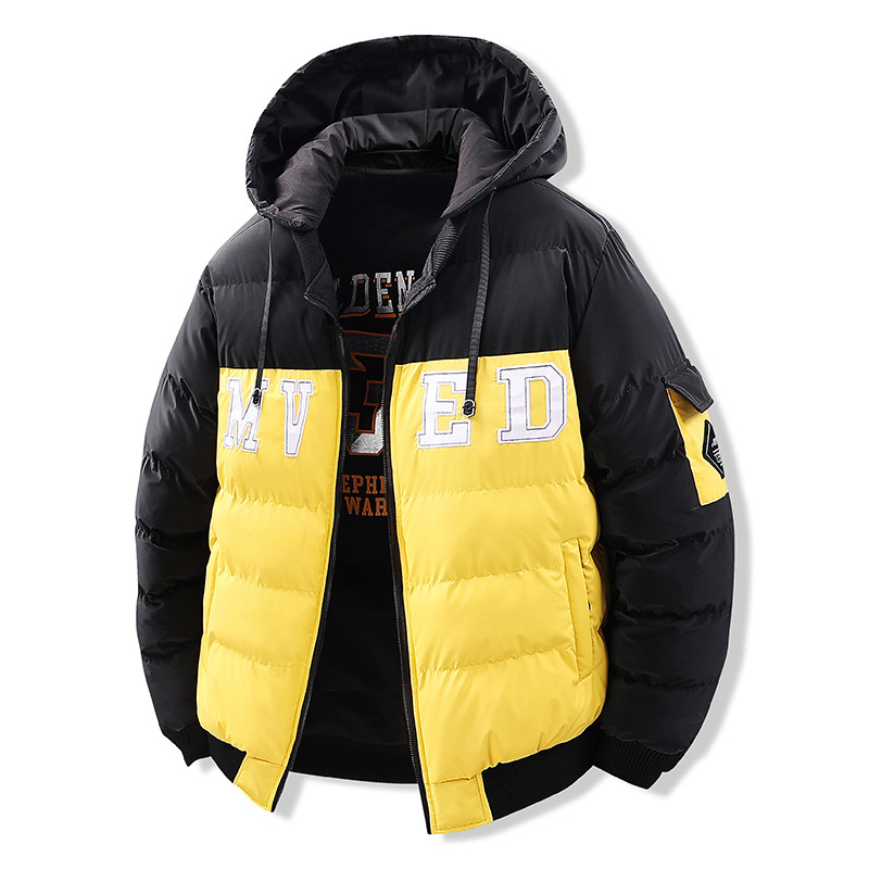 Wattierte Herrenjacke mit Stickerei, Daunenfüllung, dicker Baumwolle, kontrastfarbenem Futter, lockerer, abnehmbarer Mütze und doppelseitiger Kapuze_voghion.com