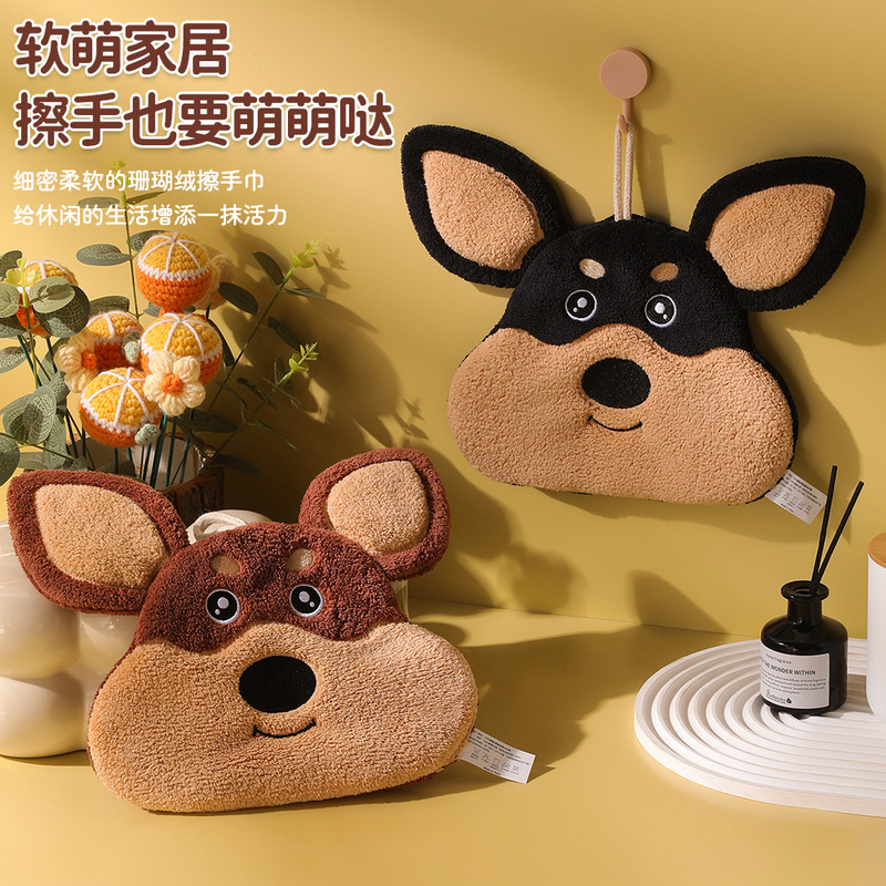 Cute and Funny Bee Dog Hand Towel Absorbent Coral Velvet Square Towel Kitchen and Bathroom Dual-Use Hanging Towel Cross-Border