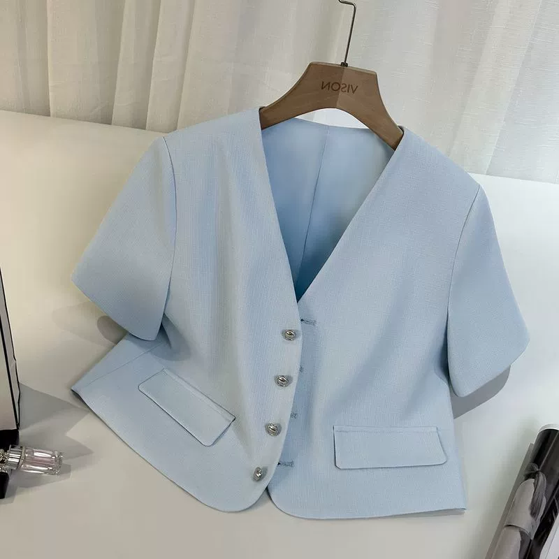 Летний тонкий синий короткий блейзер для женщин 2024 года, модный и изысканный костюм в стиле солт.