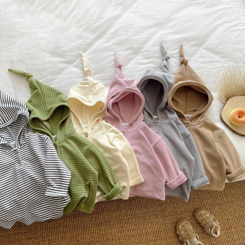 Korean Style 2026 Spring and Autumn Baby Tops for Boys, Wizard Hat Striped Long-Sleeve Cute Solid Color Hooded Sweatshirt for Girls