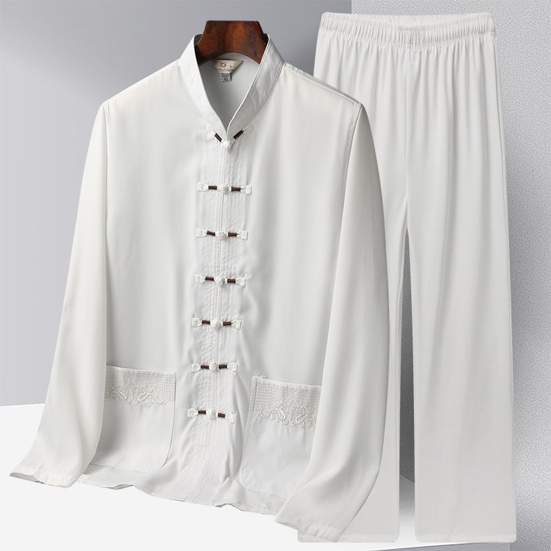 New Chinese style Tang suit for middle-aged and elderly men, spring and summer outfit, ice silk, long-sleeved two-piece set, Hanfu thin