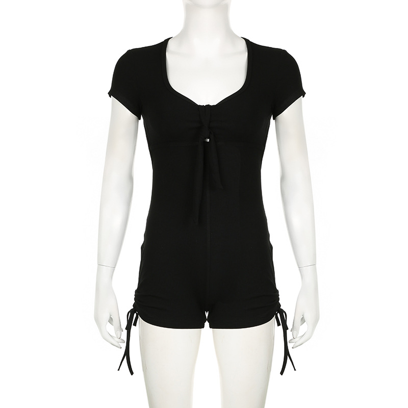 Summer Backless Drawstring Strap Sports Short Sleeved Jumpsuit Pleated Sexy Jumpsuit