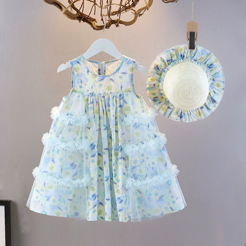 Summer dress with sleeves sleevless, children's thin sleevless dress, small princess costume, skirt, floral print