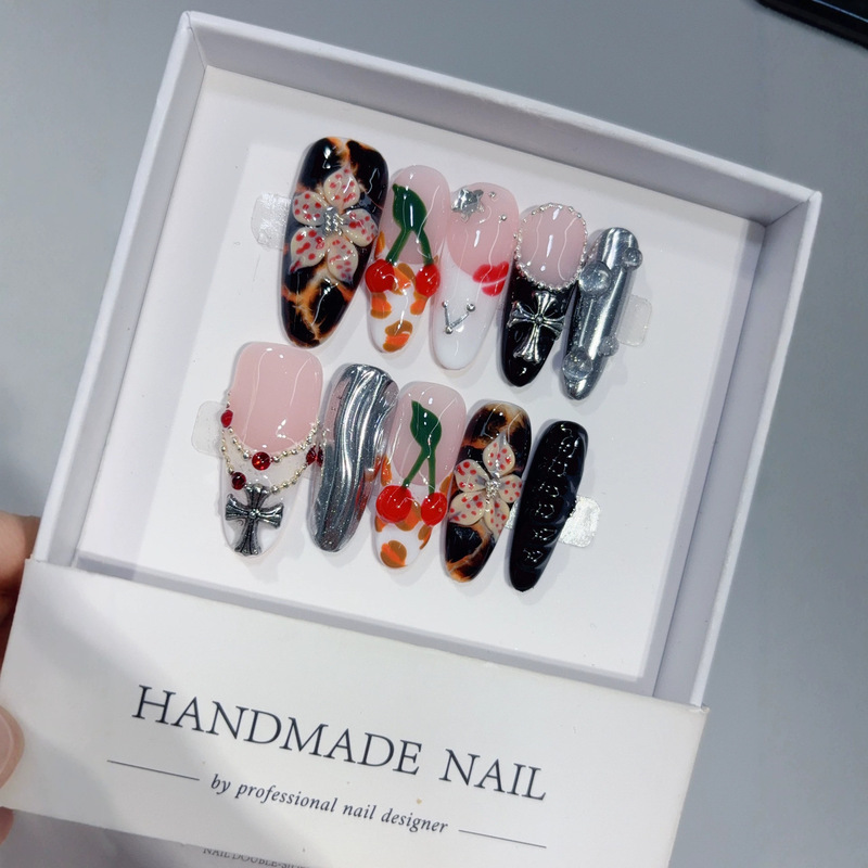 Cross-border long oval wearable nail art pieces with glossy 3D carved cherry and cross designs, high-end nail stickers, fake nails wholesale Cross-border long oval wearable nail art pieces with glossy 3D carved cherry and cross designs, high-end nail stickers, fake nails wholesale