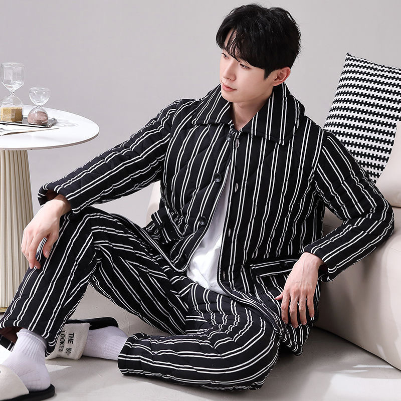 100% algodón Otoño e Invierno pijamas acolchados de tres capas engrosadas desgaste del hogar de los hombres más el tamaño ocasional traje de desgaste del hogar