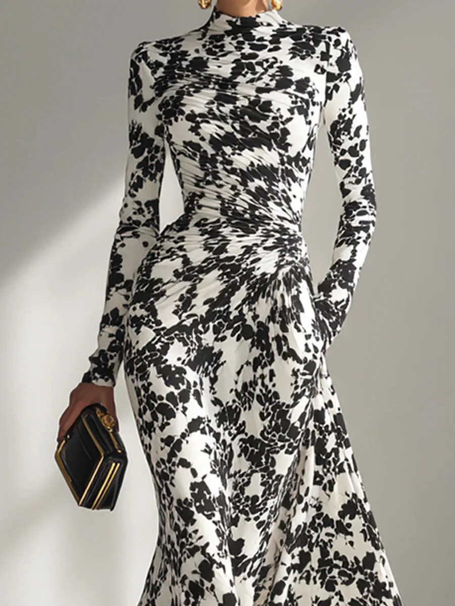 Autumn High-Waisted Pleated Full Skirt Dress For Women Sexy Long-Sleeved Fitting_ecoleips.com