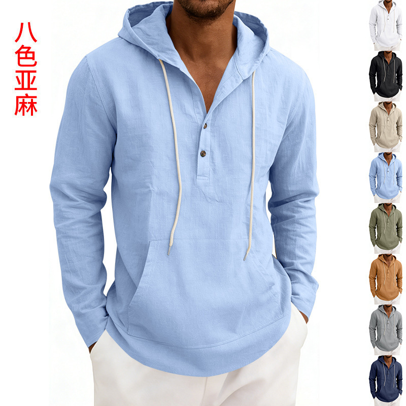 Cross-Border American-Style Multi-Color Solid Color Linen Casual Loose-Fit All-Season Men's Casual Henley Hooded Pocket Long-Sleeve Shirt