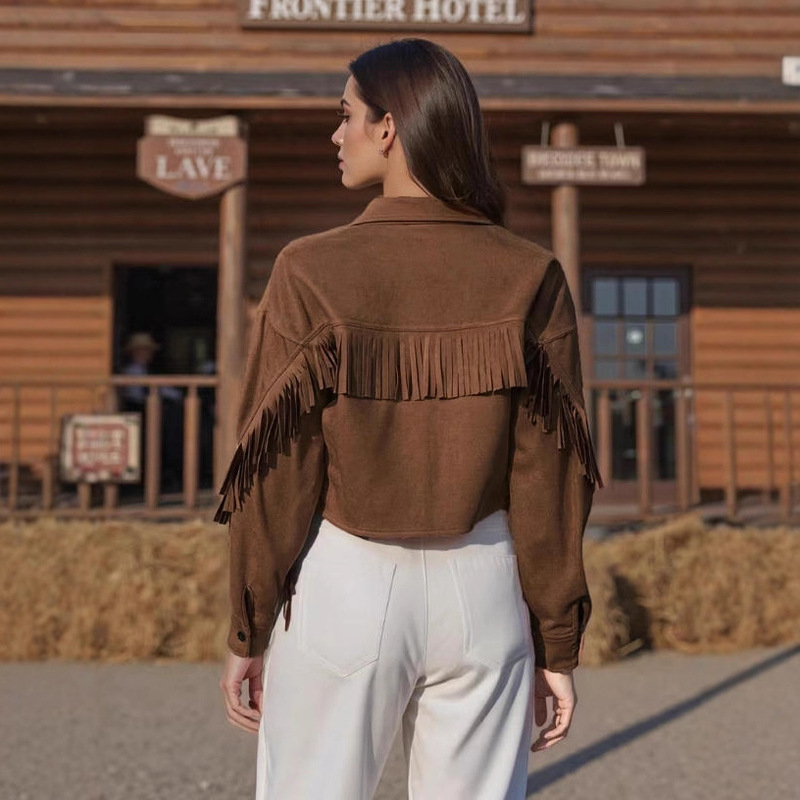 Cross-Border European and American Women's Clothing 2026 New Tassel Suede Jacket Solid Color Lapel Slim Fit Retro Women's Short Coat Cross-Border European and American Women's Clothing 2026 New Tassel Suede Jacket Solid Color Lapel Slim Fit Retro Women's Short Coat