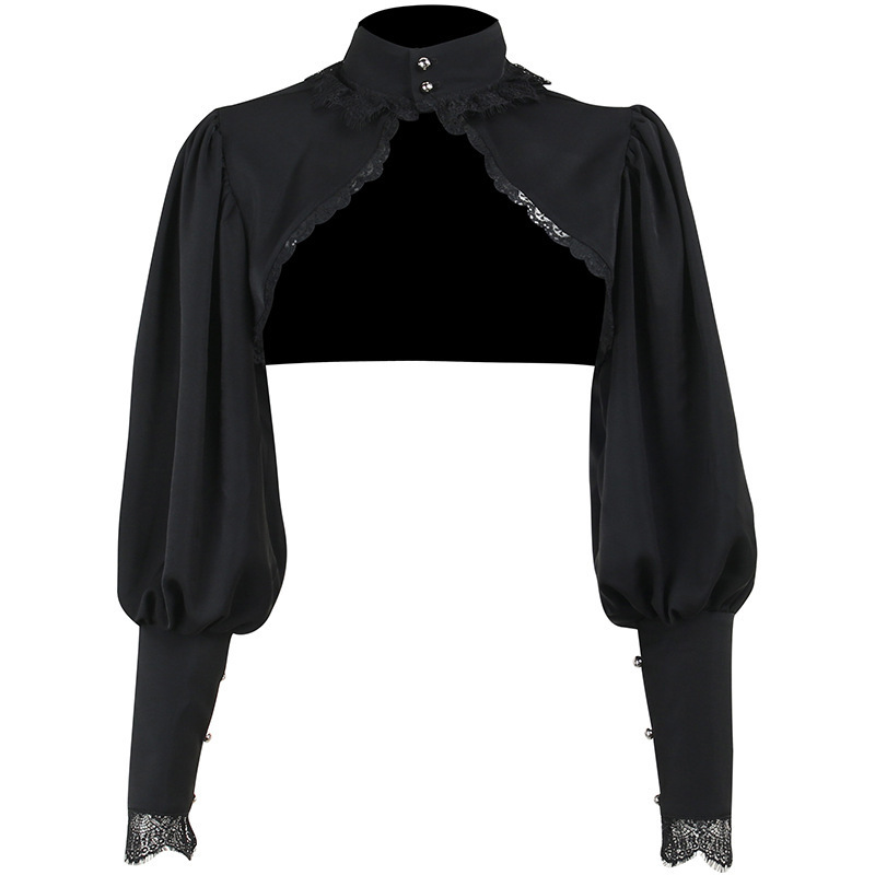 YL22336 camisa corta de mujer característica de encaje borde de diseño de corte oscuro cuello alto camisa de hombro