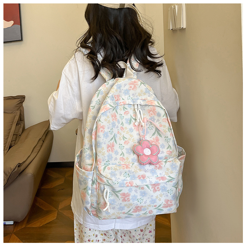 738g Weight Polyester Lining Material Sewing Thread Fashion Element Zipper Closure Type Double Shoulder Straps Strap Type Casual, School, Daily Occasion Nylon Material Waterproof Function Back To School Festival School Backpack Backpack Flower, Strawberry Pattern All Seasons Season Women's Gender Classic Style Style Square Shape Waterproof Flower Strawberry Casual School Daily School Backpack 12