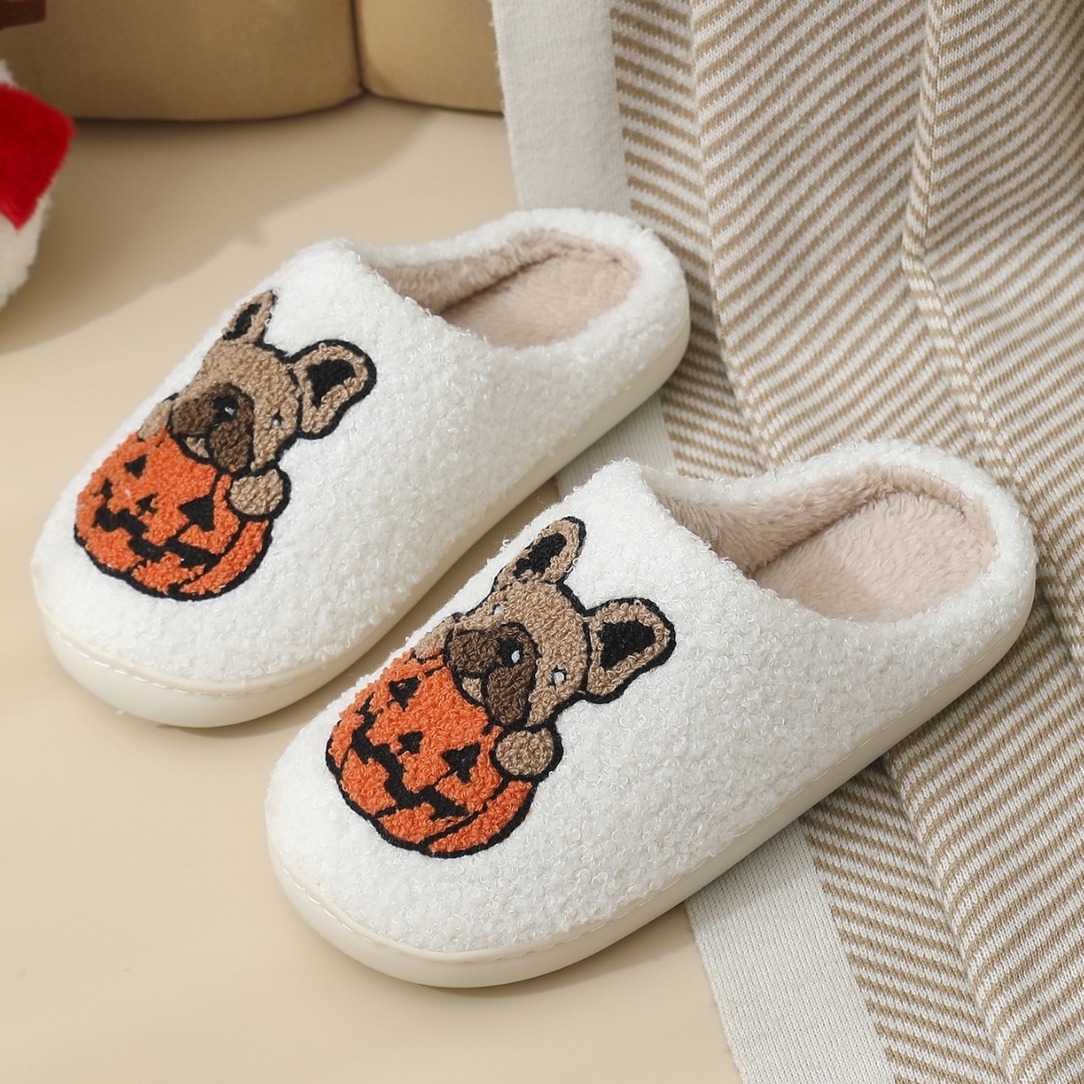 跨境新款万圣节南瓜卡通保暖冬季棉拖鞋男女情侣款家居室内棉拖鞋