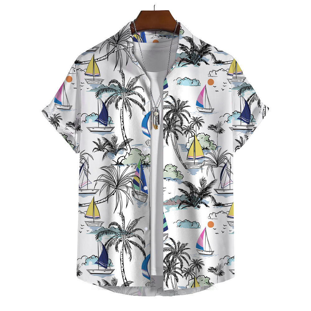 2024 Camisa transfronteriza de manga corta para hombre de primavera y otoño Camisa impresa digital 3D Camisa hawaiana de árbol de coco de fábrica