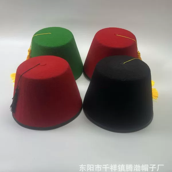 Cross-Border Red Turkish Hat Moroccan Felt Hat Flat-Top Tassel Hat with Hanging Tassels Non-Woven Fabric Hat
