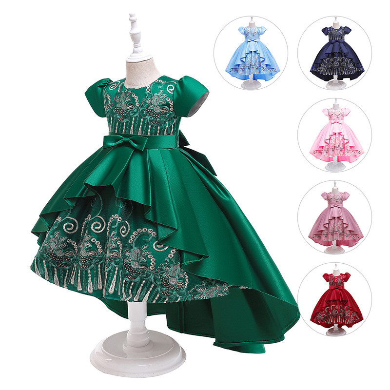 Birthday party Princess dress for kids girls blue dark green pink wine ballet dance model show singer host stage dresses for kids trailing skirts piano performing dress for baby