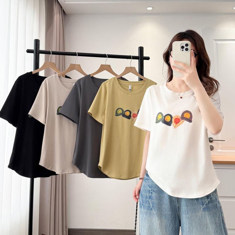 Plus-Size Short-Sleeve T-Shirt for Women, 2026 Summer New Fashion, Hat Print, Curved Hem, Tummy-Covering Half-Sleeve