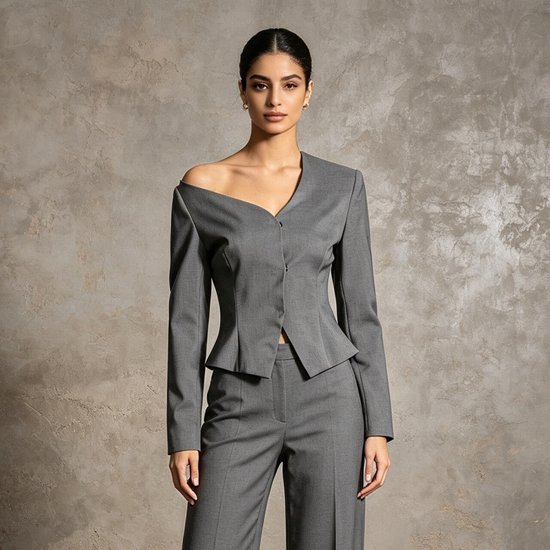 Simple and Elegant Small Suit for Women, 2026 Summer New Style, Gray One-Shoulder Hollow-Out Slim-Fit Blazer for Women Simple and Elegant Small Suit for Women, 2026 Summer New Style, Gray One-Shoulder Hollow-Out Slim-Fit Blazer for Women