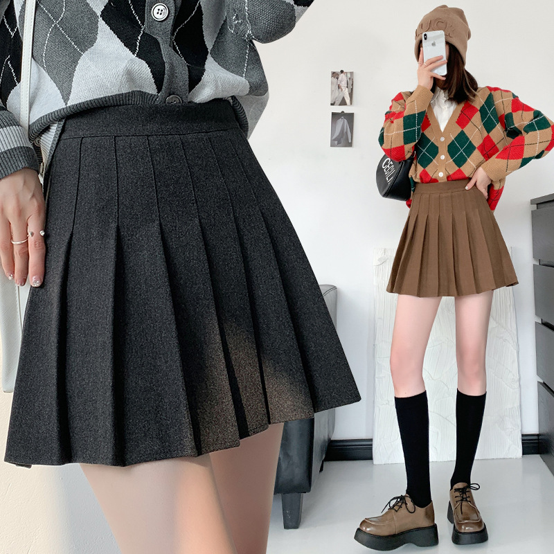 卡其色毛呢百褶裙女秋冬2025年新高腰显瘦jk短裙小个子a字半身裙