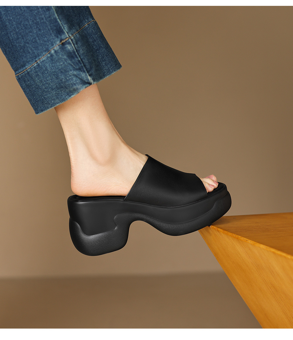 Sandal cao gót nữ đế dày 8,5 cm quai ngang da bò — Da bò trắng gạo chi tiết 16