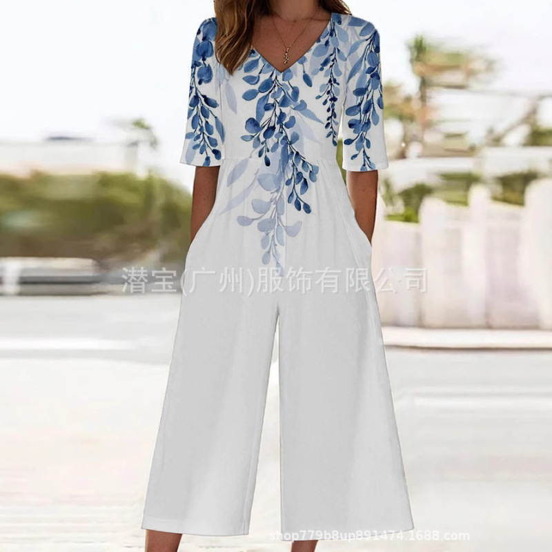 2025 New In-Stock Cross-Border Foreign Trade European and American Women's Fashion Independent Station Spring and Summer Popular Printed Pocket V-Neck Jumpsuit