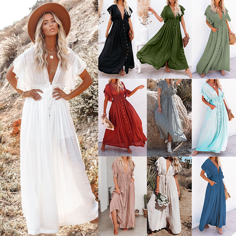 2023 transfronterizo europeo y americano verano nuevo paño de bambú de un solo pecho Cordón de protección solar blusa bikini Vestido de playa