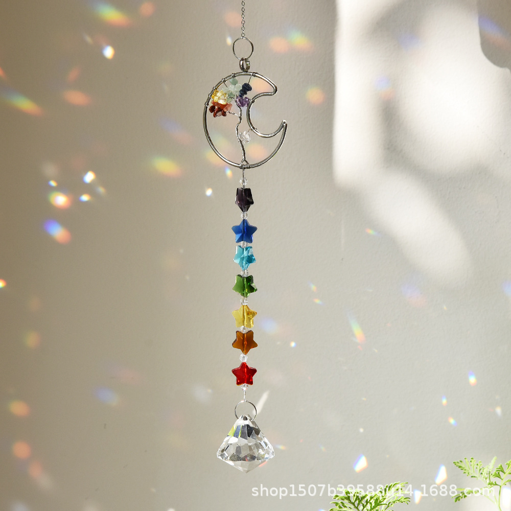 En stock transfronterizo exclusivo jardín fiesta decoración colgante colorido piedra Árbol de la vida de tres piezas de cristal Sun Catcher