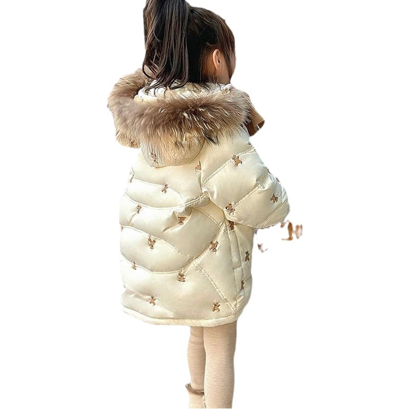 Chaqueta de plumón para niña, longitud media, a la moda, invierno, cuello de piel grande, chaqueta de invierno gruesa para niños, nuevo estilo