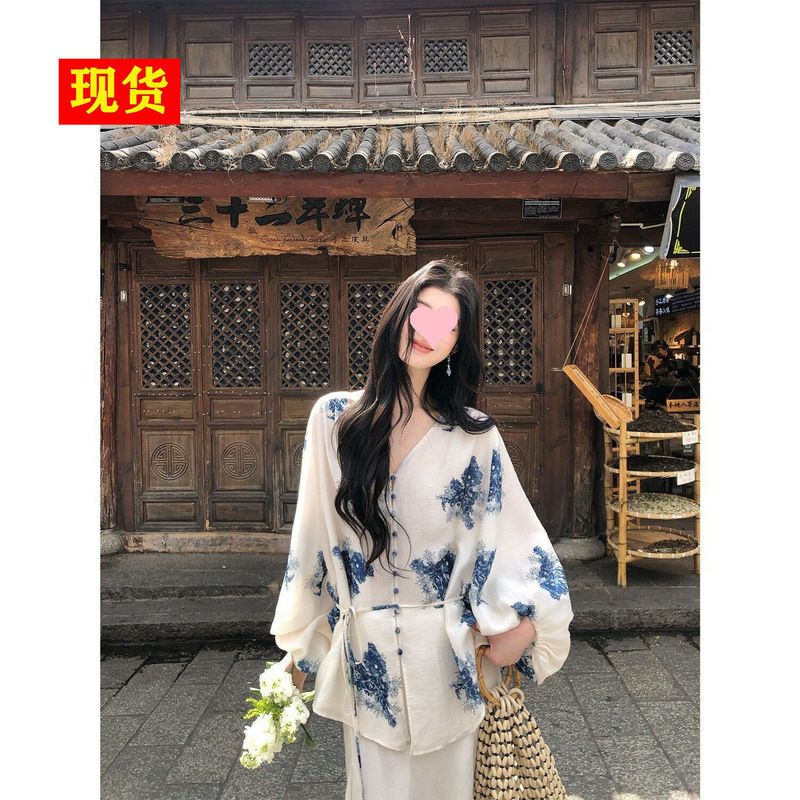 In Stock: New Chinese-Style Long-Sleeve Linen Shirt for Women, Summer Thin Loose Lazy Style V-Neck Blouse