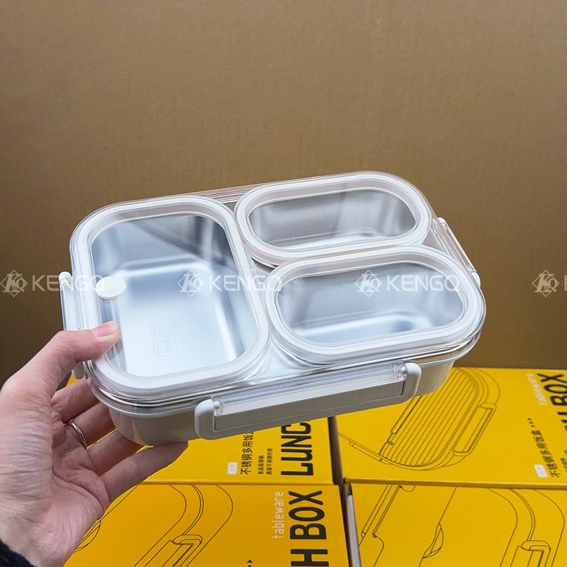 Fiambrera calefactable en microondas, anti-olor, caja bento para estudiantes de acero inoxidable 304, caja de conservación sellada de tres compartidos