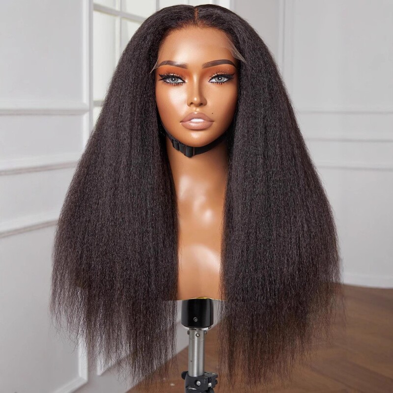 European and American Wig Female Yaki Front Lace Kinky Straight Hair Black African Wig Headgear Cross-Border Wholesale Delivery
