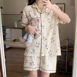 云朵棉夏季新款睡衣女开衫短袖短裤卡通可爱少女家居服两件套
