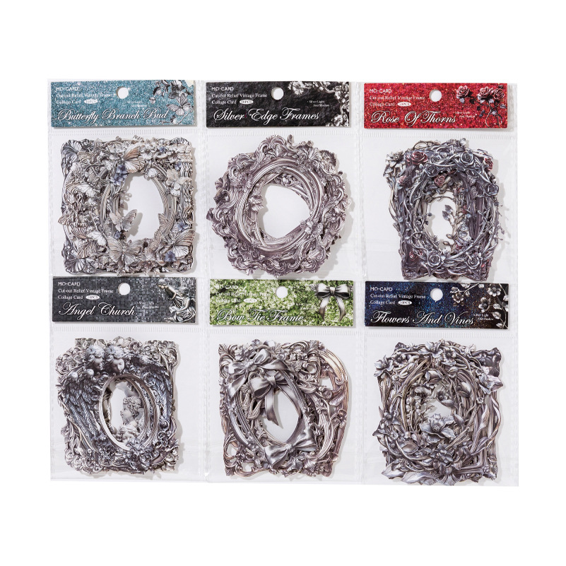 Tarjeta de collage en relieve hueca de papel de madera Mo Mo Sheng, serie de luces y sombras plateadas, bolsa de pegatinas de cuentas huecas retro Guka