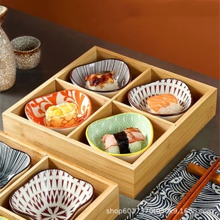 Bamboo and Wood Nine-Compartment Tableware, Hot Pot Restaurant Sauce Compartmentalized Plate, Vegetable Tray, Barbecue Wooden Plate Platter