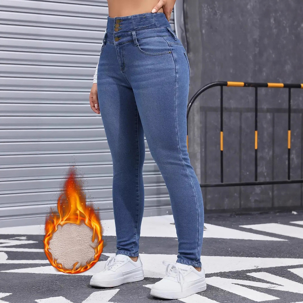 Fashion Versatile Women's Skinny Jeans Fleece Lined Elastic Waist Multi Button Solid Color Autumn Winter New Style_ecoleips.com