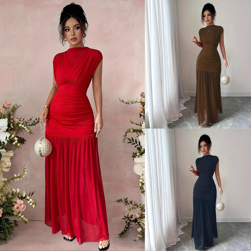 2026 Cross-Border Foreign Trade Women's New Style Red Boat Neck Sleeveless Sexy Hollow Mesh Pleated Long Dress 2026 Cross-Border Foreign Trade Women's New Style Red Boat Neck Sleeveless Sexy Hollow Mesh Pleated Long Dress