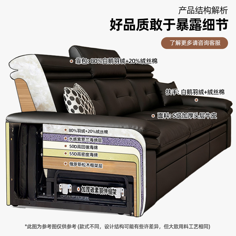 现代极简零靠墙电动真皮沙发意式可伸缩调节多功能客厅直排沙发床|undefined