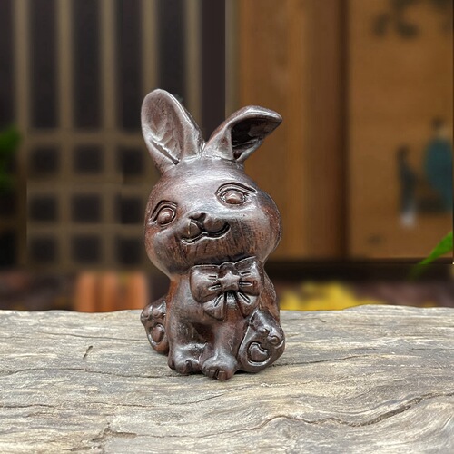 Solid wood carved rabbit ornament home living room desk decoration accessory 12 zodiac sign Rabbit