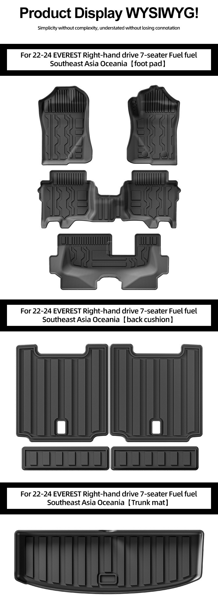 Suitable for 22-24 Models of Ford Everest Right-Hand Drive Cars, Waterproof Tpe Floor Mats and Trunk Mats