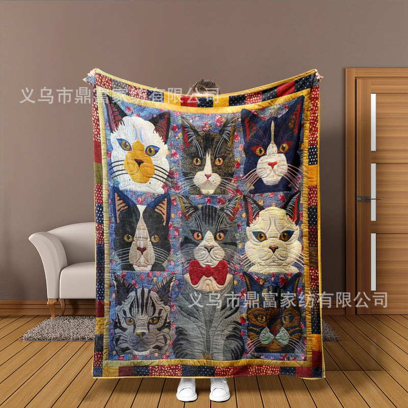 jit新款跨境热销复古拼布法兰绒毛毯 格子猫狗设计旅行毯家居盖毯|undefined