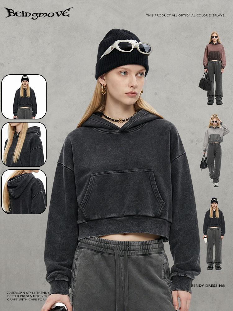 Impresora de marcas| 2025 otoño invierno marca de moda suelta encapuchado corto camiseta deportiva de mujer running hoodie