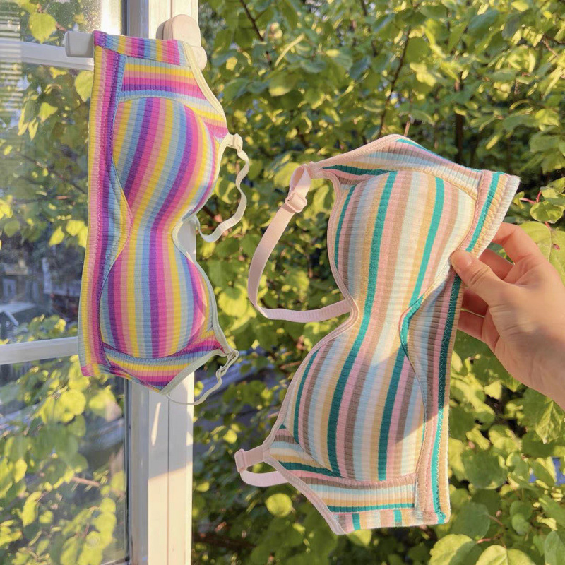Rainbow Pony Retro Style Rainbow Striped Girl's Bra European and American Hot Girl Small Chest Push-Up Thin Seamless Underwear for Women
