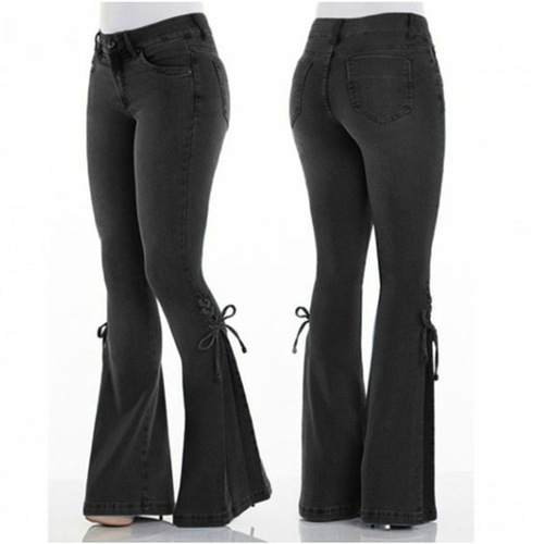 Stretch flared casual denim trousers, mid-waist, with tie closure and elastic waistband, flared denim long pants.