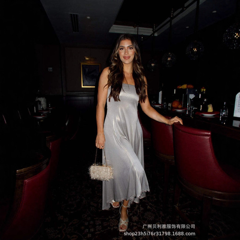 Popular French-Style Light Luxury Elegant Glossy Champagne Gold Waist-Cinching Flared Puff Skirt Dress for Women