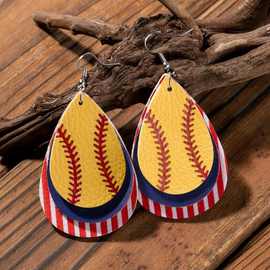 跨境wish亚马逊独立日棒球pu耳环 多层条纹款棒球皮革耳环