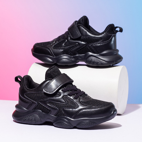 Children's Running Shoes - Full Black Leather, Lightweight, Breathable Mesh Design, Suitable for Autumn