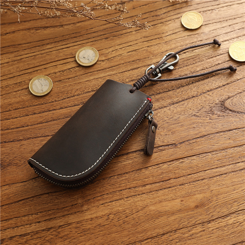 Simple Genuine Leather Zipper Car Key Bag Men's Waist Hanging Crazy Horse Top Layer Cowhide Large Capacity Multifunctional Key Bag