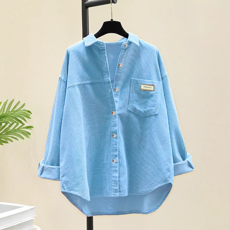 European and American Cross-Border Amazon Wish Spring, Autumn, and Winter Corduroy Shirt for Women, Solid Color Pocket Loose Jacket, Ribbed Shirt