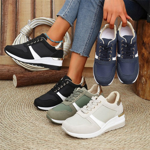 2025 spring new casual plus size lace-up sneaker women's thick-soled wedge shoes women's European and American style lightweight