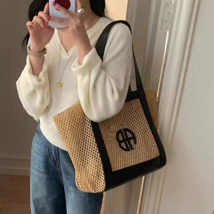 Dropshipping 2025 New Summer Women's Straw Woven Large Capacity Tote Bag Handbag Shoulder Crossbody Travel Bag
